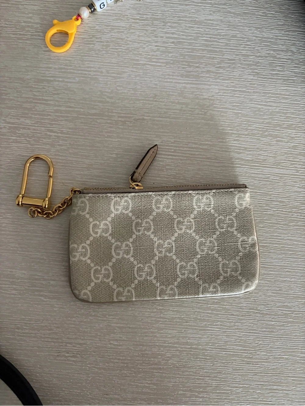 Gucci Beige Monogram Key & Card Holder with Gold Chain